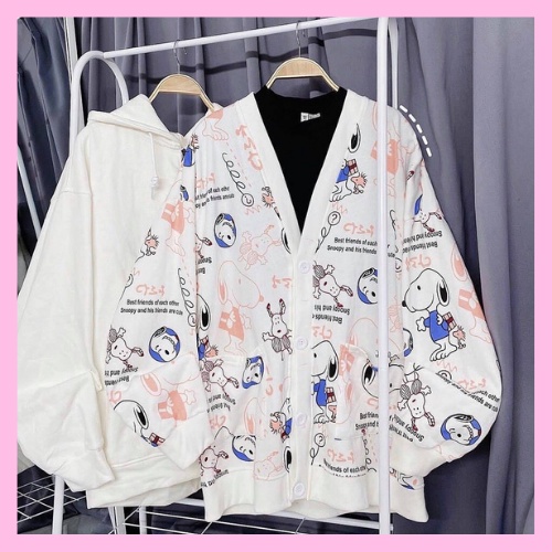 Áo cadigan nỉ in hình cún nữ- Khoác nỉ tay bồng dáng rộng cổ V - HANHAN SHOP