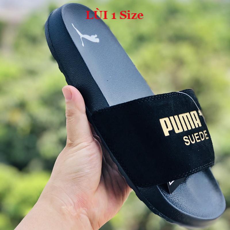 Dép unisex 𝐌𝐋𝐁 𝐏𝐔𝐌𝐀 ❤️FREESHIP + Hộp❤️ dép mlb bóng chày quai ngang thể thao nữ in PUMA da lộn, đen-logo-vàng