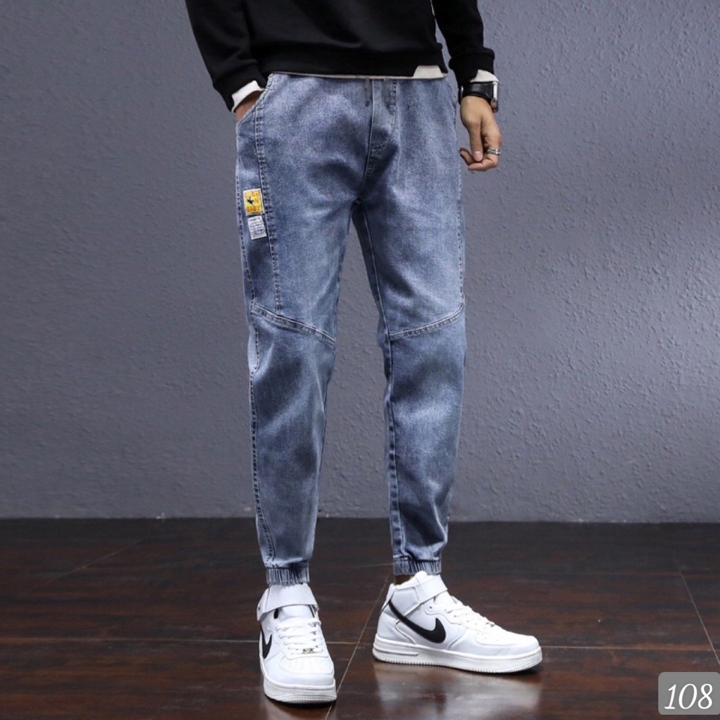 Quần Jeans Jogger thể thao Rin Nam Chất Bò Cao Cấp Xanh trơn Lưng thun Ống Bó Co Giãn P33