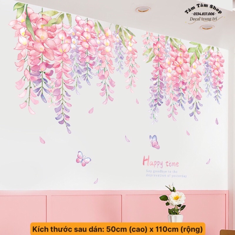 Decal dán tường, Tranh dán tường tán hoa hồng phấn xinh xắn