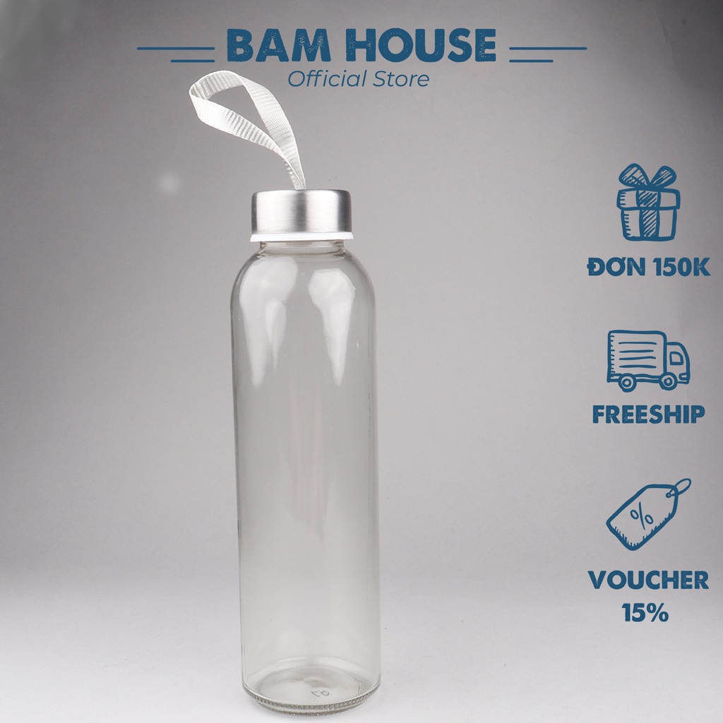 Bình thủy tinh đựng nước Bam House dung tích 500ml có dây treo cao cấp BNTT01