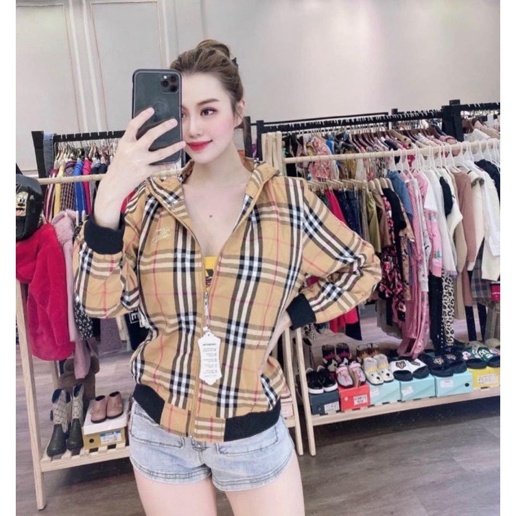 Áo khoác thun sọc caro BBR tay dài có nón siêu xinh rẻ đẹp