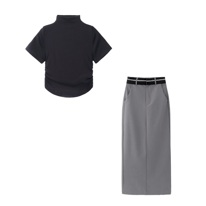 Bộ Áo Ngắn / Chân Váy Lưng Cao Xẻ Tà Đơn Giản Thời Trang Dành Cho Nữ