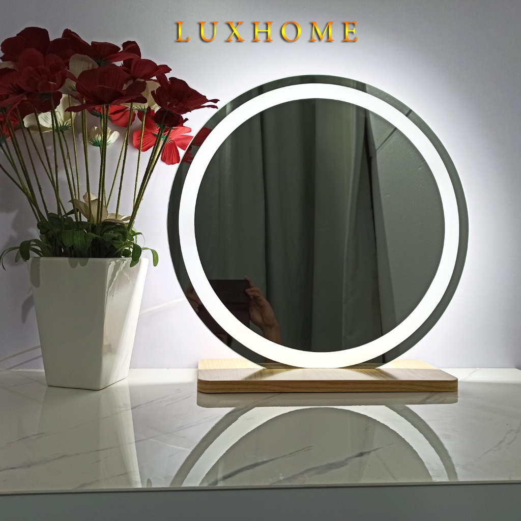 Gương Để Bàn LED Cảm Ứng Chân Gỗ 50 cm x 50 cm LUXHOME, Gương Soi Nịnh nét, Gương decor sang chảnh