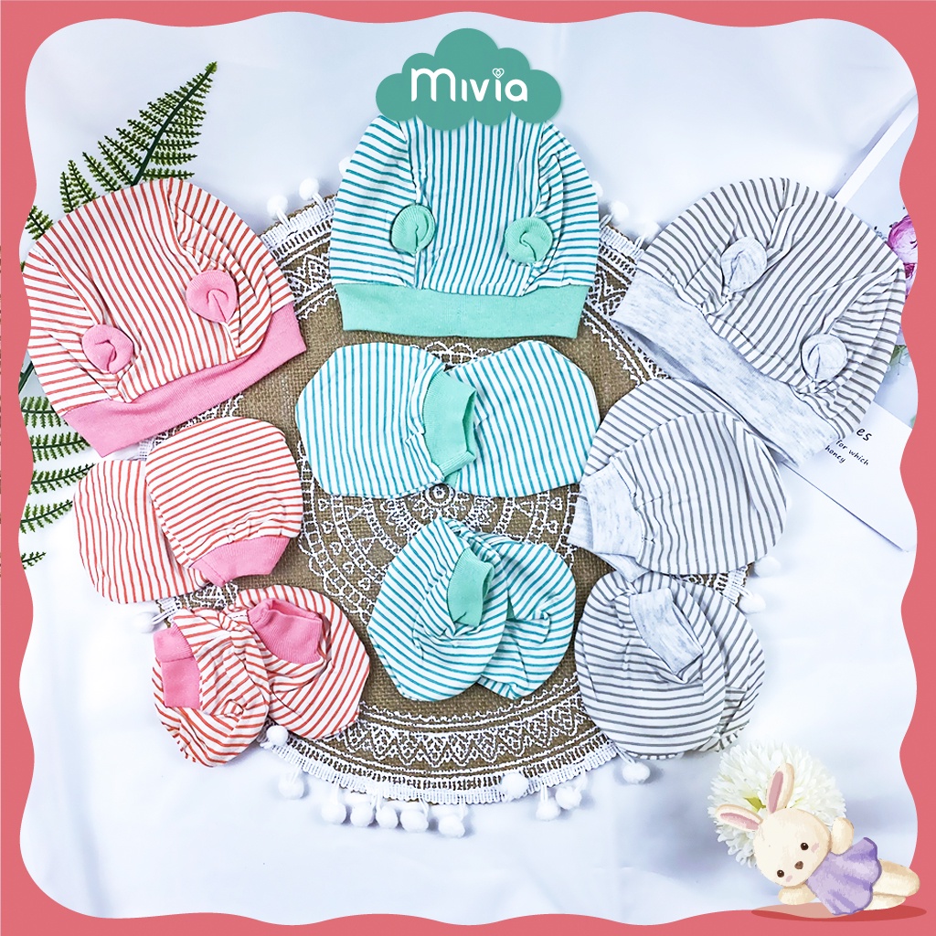 Set bao tay chân mũ sơ sinh, set mũ bao tay chân kẻ loại đẹp