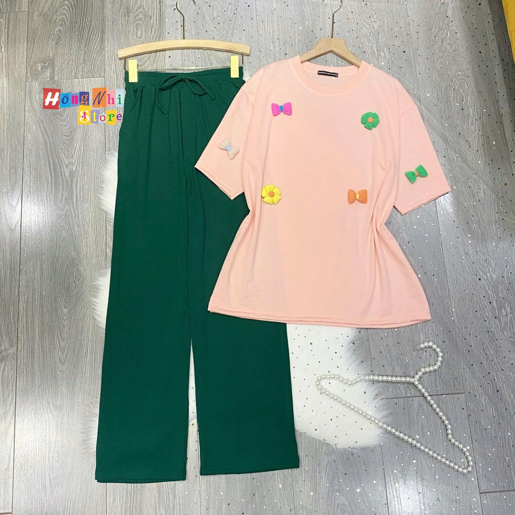 Set Bộ Thun Nơ Hoa Nổi Tay Lỡ Phối Quần Thun Gân Ống Rộng Oversize Ulzzang Dáng Rộng - MM