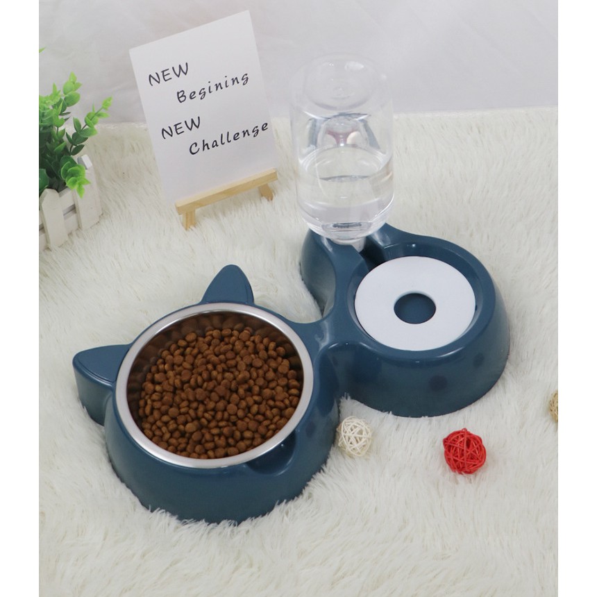 [HCM] Bát ăn đôi hình tai mèo lõi inox kèm bình nước tự động cho chó mèo