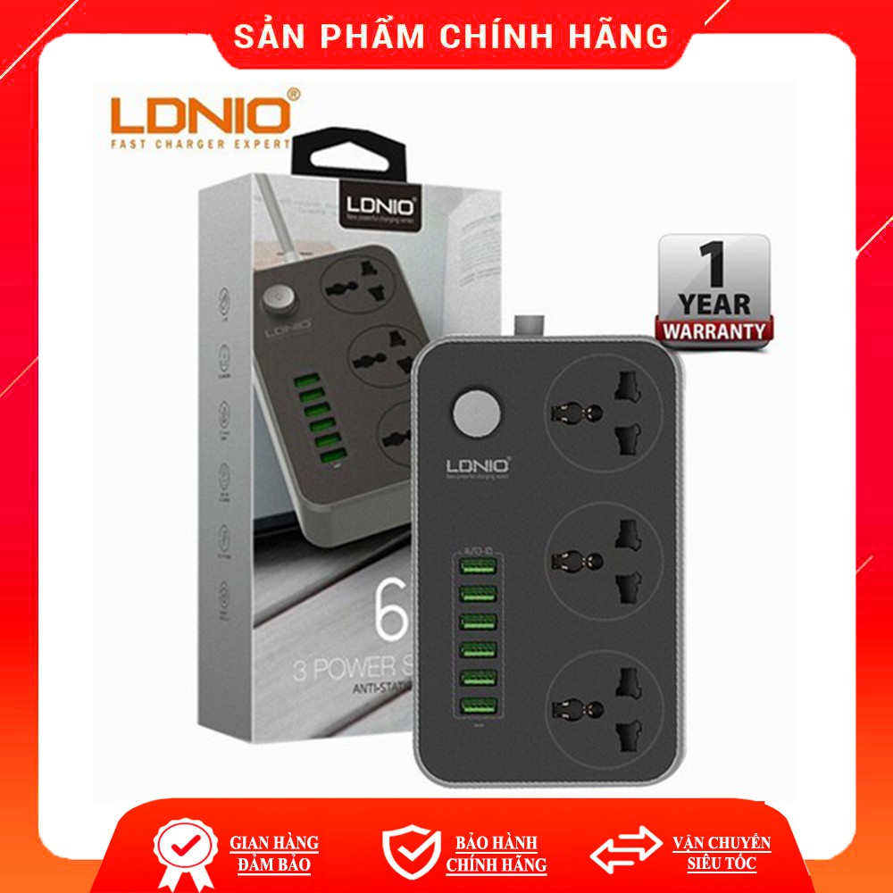 Ổ cắm điện đa năng LDNIO 6 cổng sạc chống cháy, nổ - SC3604 dây 2 mét