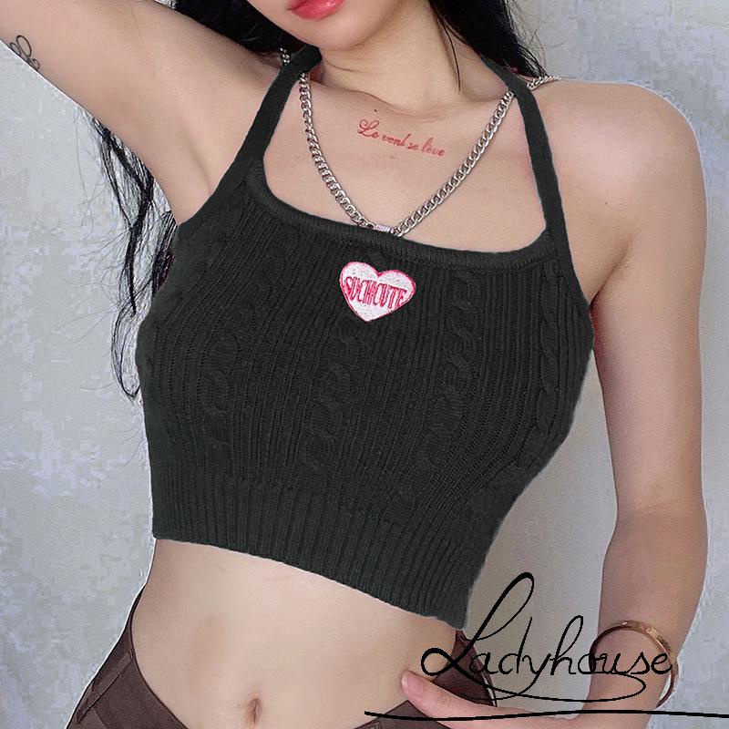 Áo Croptop Dệt Kim Hai Dây Không Tay Thêu Họa Tiết Trái Tim Thời Trang Mùa Hè Cho Nữ