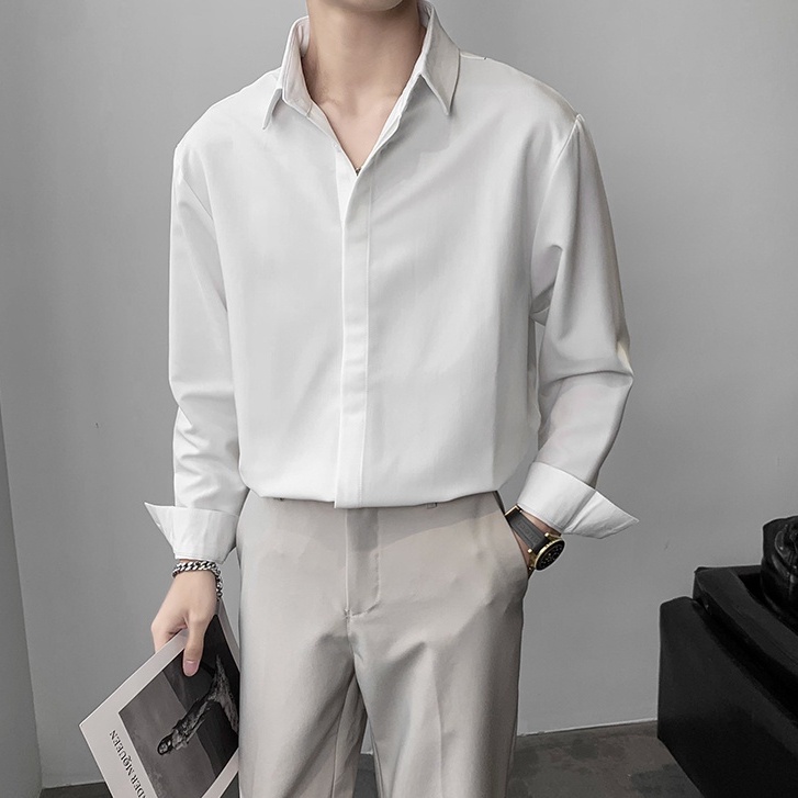Áo Sơ Mi Polo Tay Dài Màu Trơn Thời Trang Hàn Quốc Màu Trơn Cho Nam
