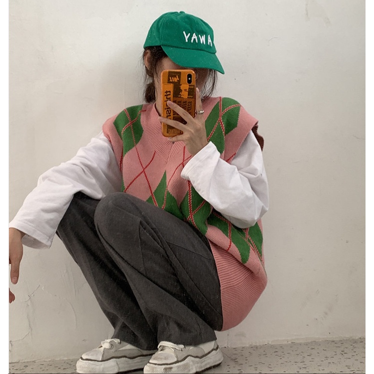 Áo dệt kim không tay dáng rộng phong cách retro đơn giản