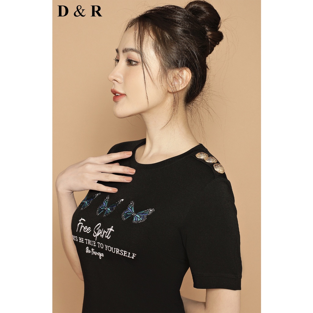 Đầm thun suông bigsize thêu phối nút đồng Quảng Châu cao cấp váy đi chơi dạo phố thương hiệu thời trang D&R D138