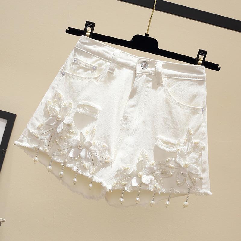 Quần ngắn vải denim lưng cao ống rộng ngoại cỡ thêu họa tiết cho nữ