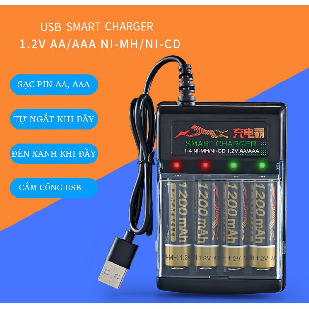 Sạc Pin BMAX Cho Pin Tiểu Sạc AA và Pin Đũa Sạc AAA Có Đèn Báo và Tự Ngắt Khi Đầy