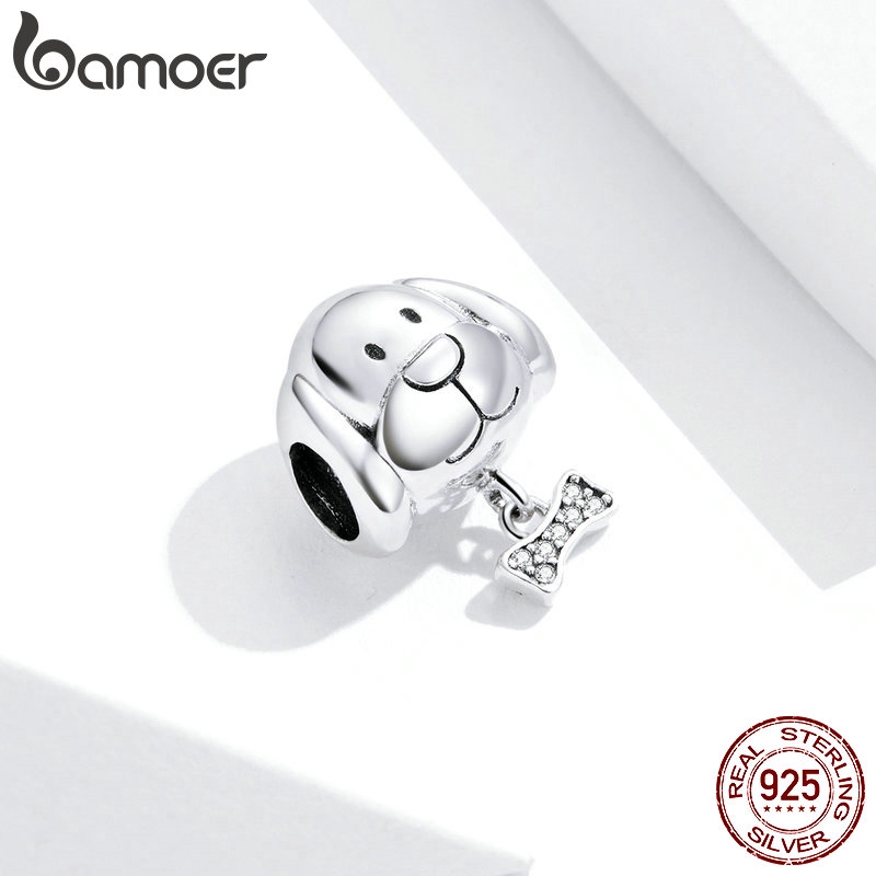 Hạt xâu trang sức Bamoer BSC244 bằng bạc Sterling 925 hình chú cún và xương dùng làm trang sức vòng tay cho nữ