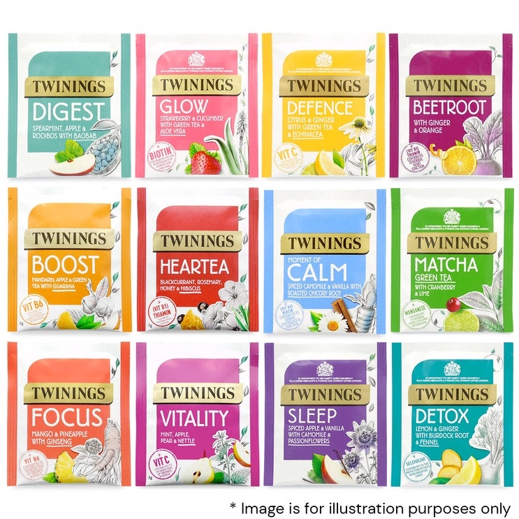 Set lẻ 4 gói trà túi lọc Twinings thảo mộc sức khỏe và trà xanh, trà trái cây các vị (hàng Anh chính hãng)