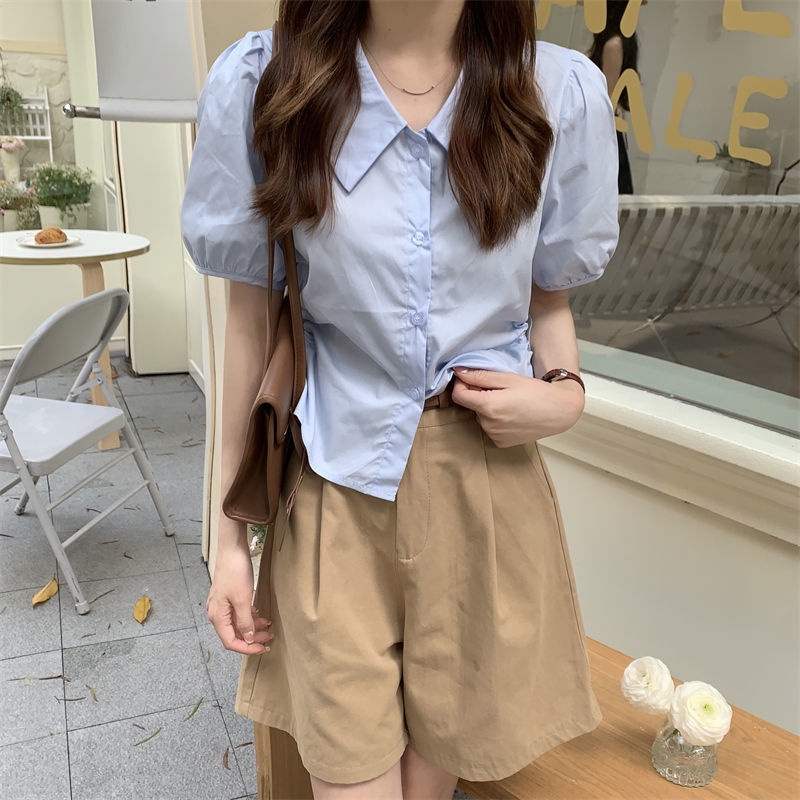 Áo Sơ Mi Tay Ngắn Dáng Ôm Phối Dây Buộc Thời Trang Mùa Hè Phong Cách Pháp Mới Cho Nữ