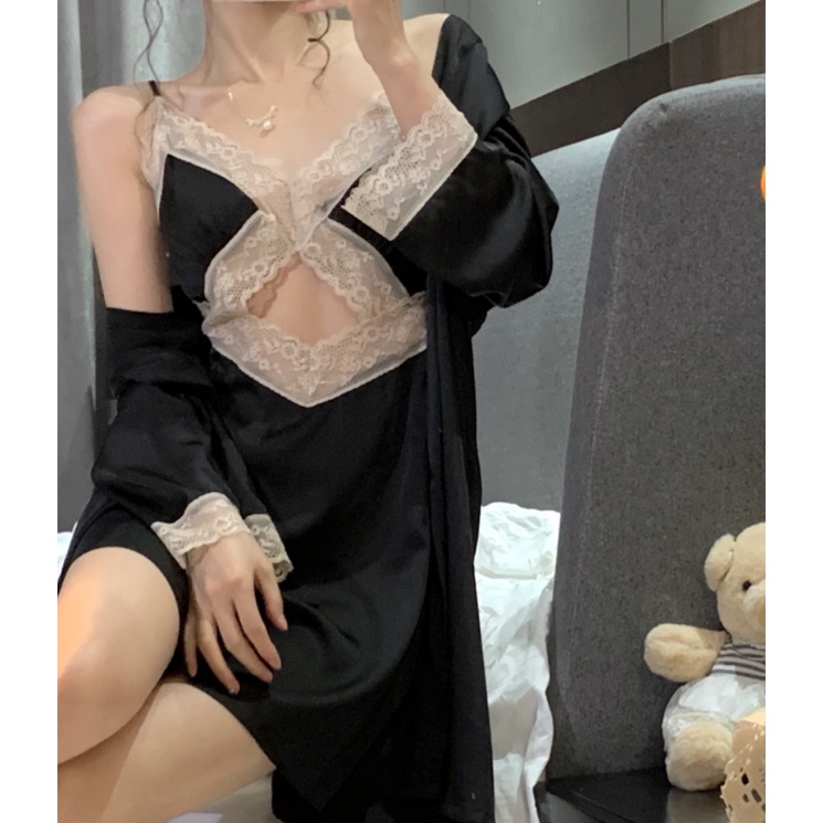 Đầm ngủ hai dây cổ chữ V viền ren phong cách Hàn Quốc quyến rũ cho nữ