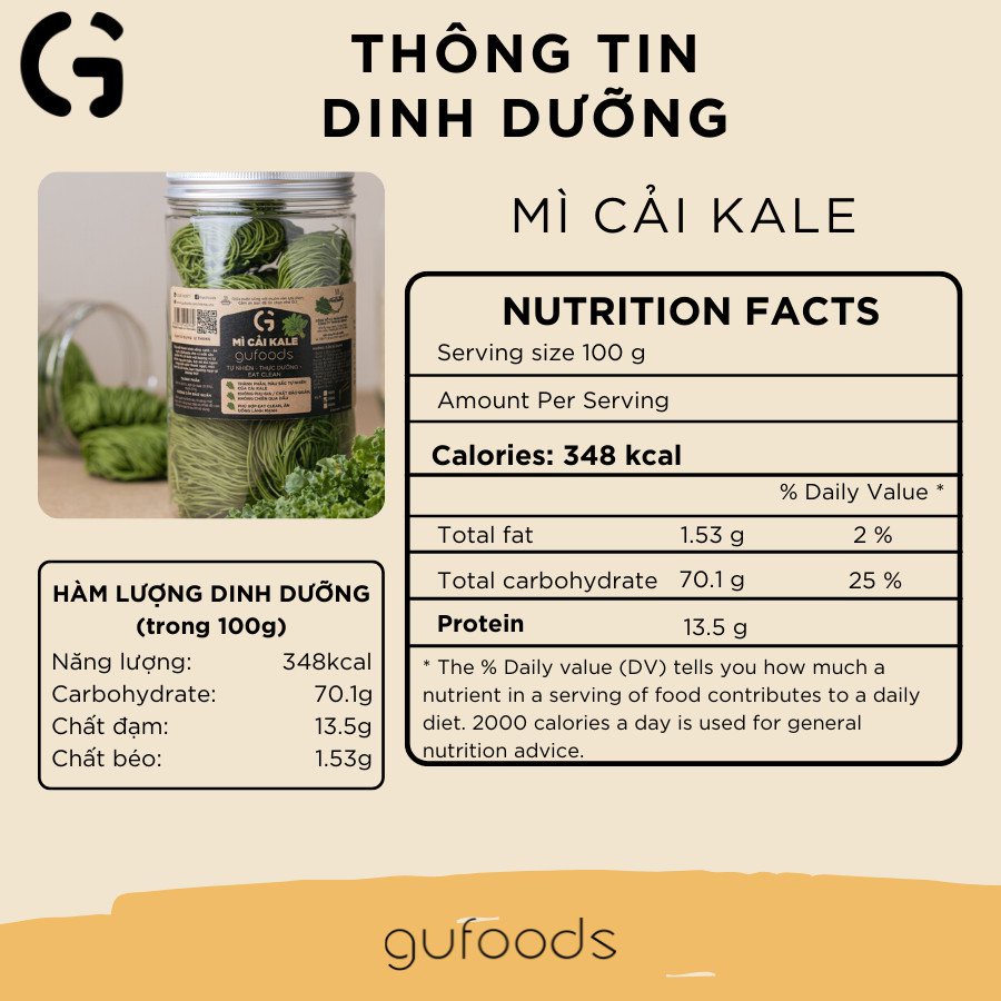 Mì cải kale (cải xoăn) GUfoods - Màu xanh tự nhiên, Giàu chất xơ, Bổ sung vitamin, Eat clean (25g/100g/200g/400g)