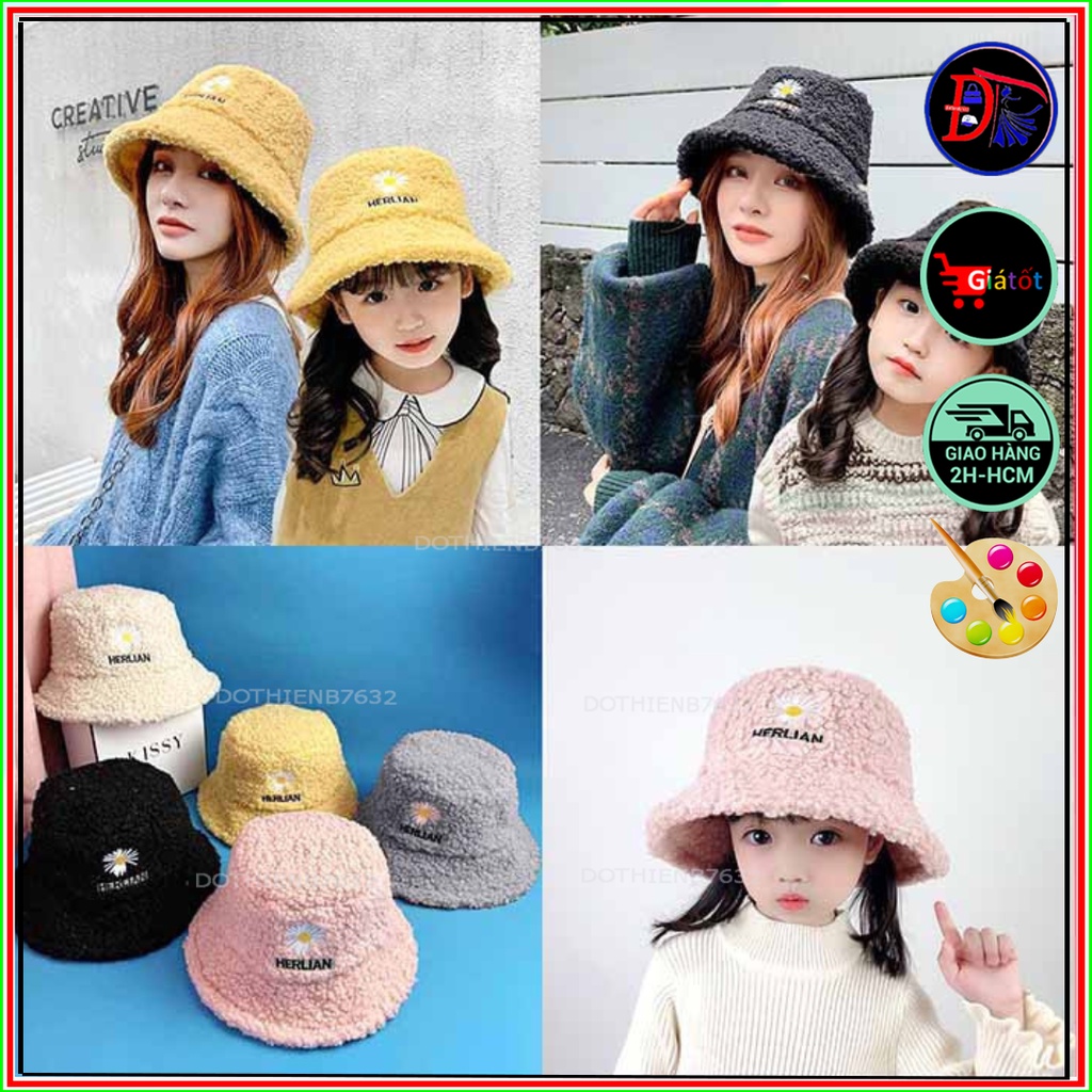 Mũ nón bucket lông cừu giữ ấm phong cách Hàn Quốc/Mũ len dày giữ ấm vào mùa đông cho nữ thêu hoa cúc