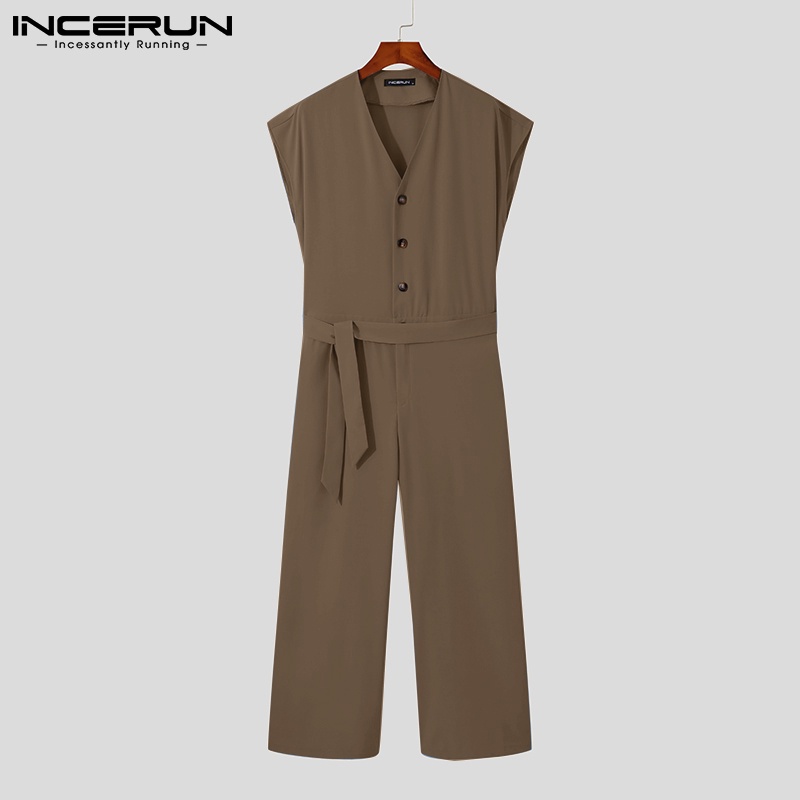 Bộ áo liền quần INCERUN cổ chữ v không tay cài nút thắt lưng thời trang mùa hè cho nam