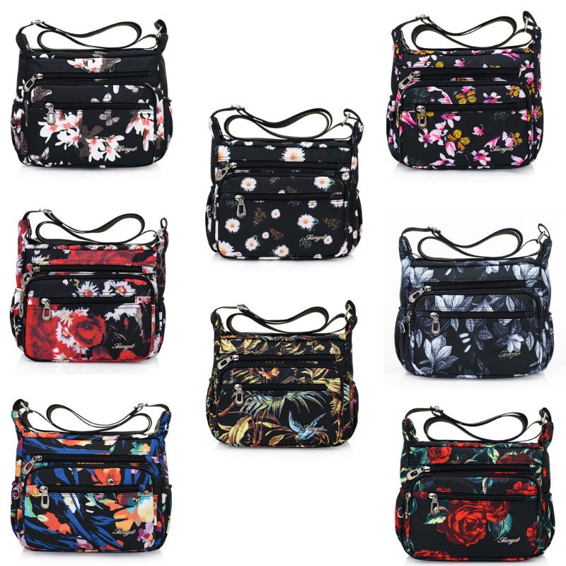 Túi Đeo Chéo Vai Bằng Nylon Họa Tiết Hoa Có Khóa Kéo Dành Cho Nữ