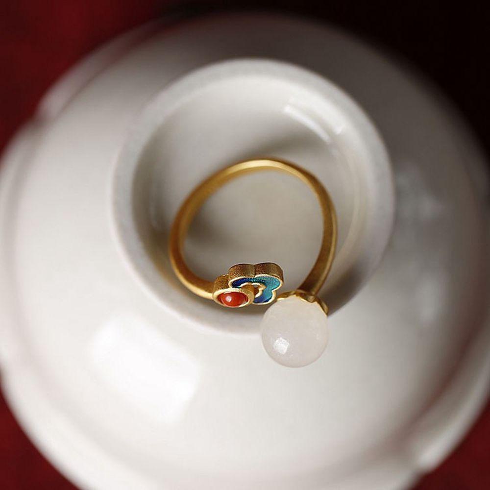 Bộ Nhẫn Hở Bằng Đồng Tráng Men Hình Đám Mây Đỏ Phong Cách Trung Hoa