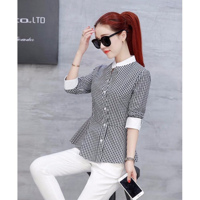 Áo sơ mi nữ ❣️FREESHIP❣️Áo kiểu sọc caro peplum Phom dáng ao chuẩn đẹp,