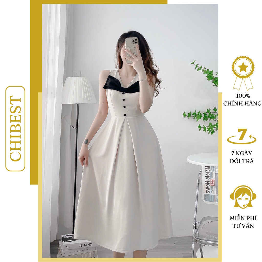 Đầm maxi sát nách cổ V nơ ngực nhẹ nhàng vintage CHIBEST ADB92