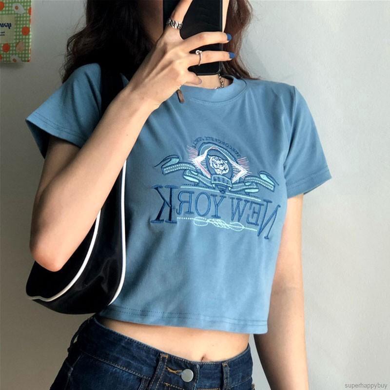 Áo Croptop Tay Ngắn Dáng Ôm Hoạ Tiết Thêu Chữ NEWYORK Phong Cách Mùa Hè