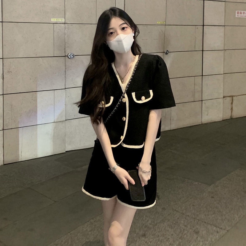 Set Áo Khoác Ngắn Tay + Quần Short Phong Cách Chanel Hàn Quốc Thời Trang Cho Nữ