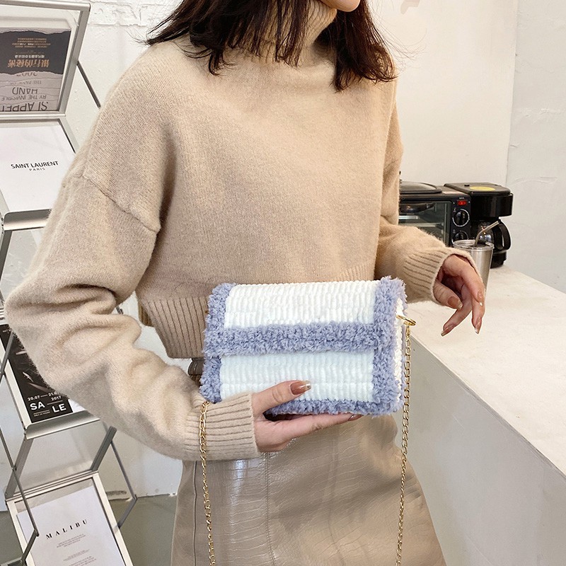 Túi Xách Len Dệt Tay Phối Màu Trắng-Xanh  - TÚI HANDMADE HOTREND TIKTOK 2020