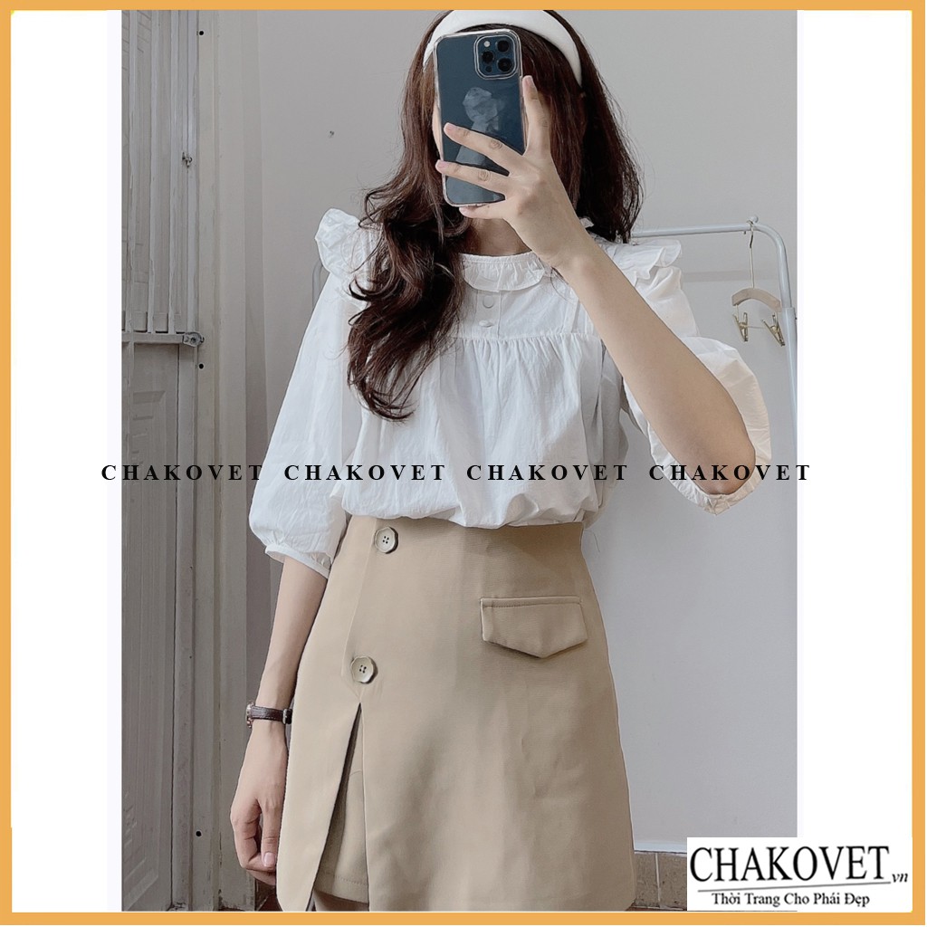 Áo babydoll tay lỡ 2 cúc bọc cka803, kiểu áo sơ mi nữ cao cấp cổ tròn bèo màu trắng phong cách ulzzang đẹp dễ thương | BigBuy360 - bigbuy360.vn