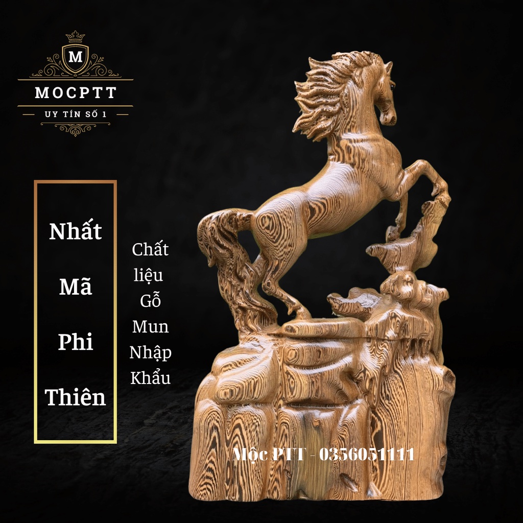Tượng gỗ con Ngựa mẫu Nhất Mã Phi Thiên gỗ Hương Đá , Munnn Đuôi Công cao 30 40 Cm