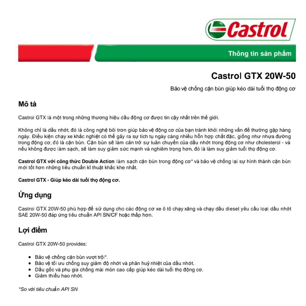 [ CHÍNH HÃNG 100% ] Nhớt ô tô Castrol GTX 20W50, nhớt động cơ phù hợp cho cả máy xăng và máy dầu