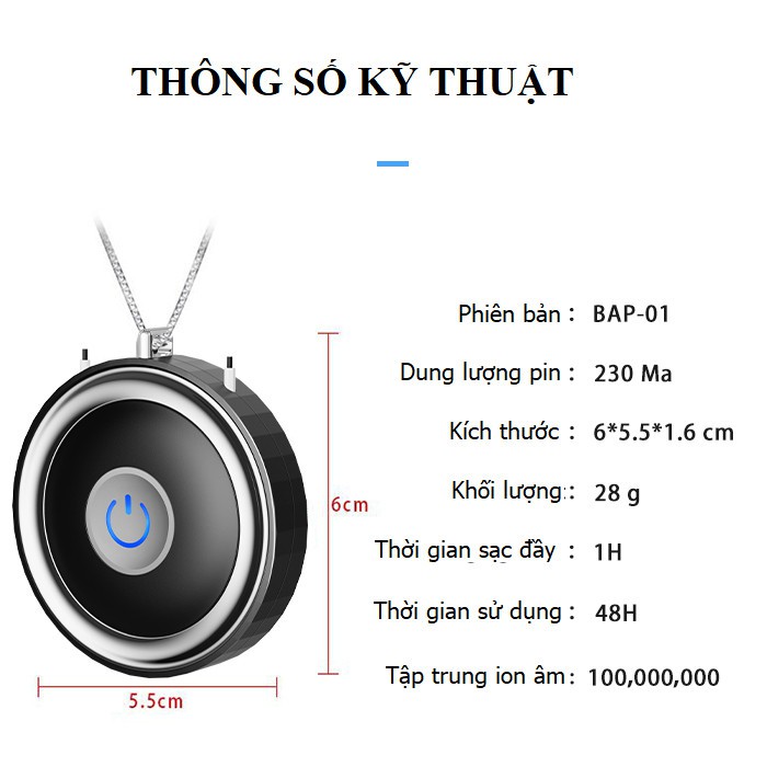 Máy lọc không khí mini đeo cổ, tạo ion âm kháng khuẩn