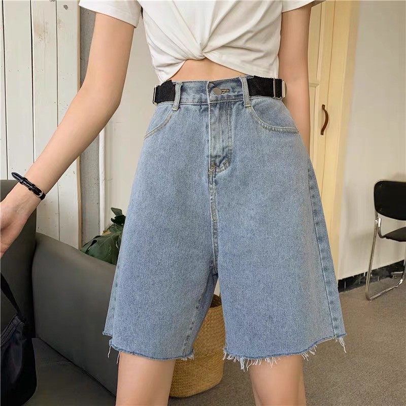 Quần short jean ống rộng Lylyshop có dây điều chỉnh eo, quần sooc đùi chất bò mềm mịn