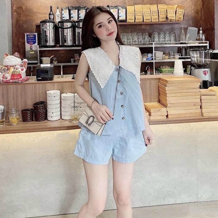 Set đùi bò giấy cổ ren xinh xắn bộ đùi nữ tiểu thư cá tính DN10113