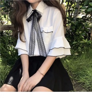 Áo sơmi tiểu thư phối nơ ren