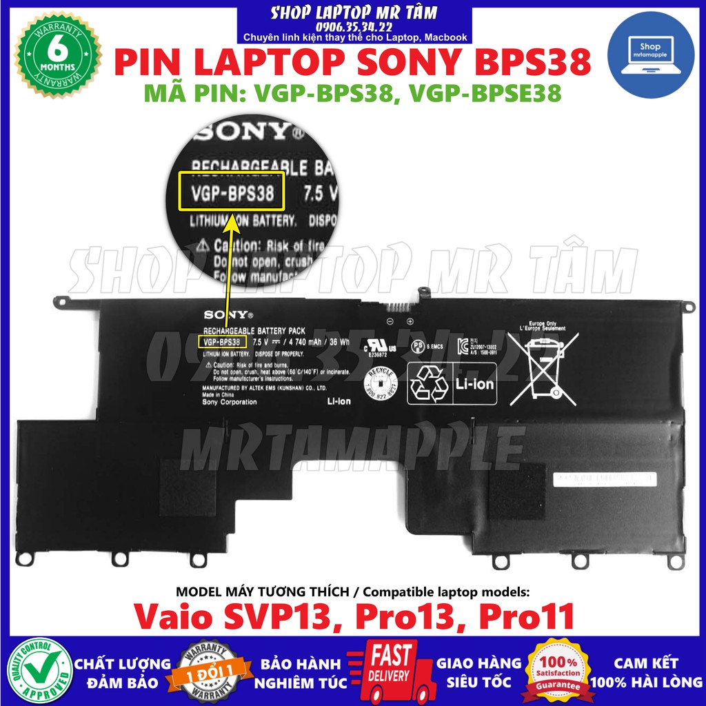 PIN LAPTOP SONY BPS38 (ZIN) - 4 CELL  Vaio SVP13 Pro13 Pro11 VGP-BPS38 P13226SC