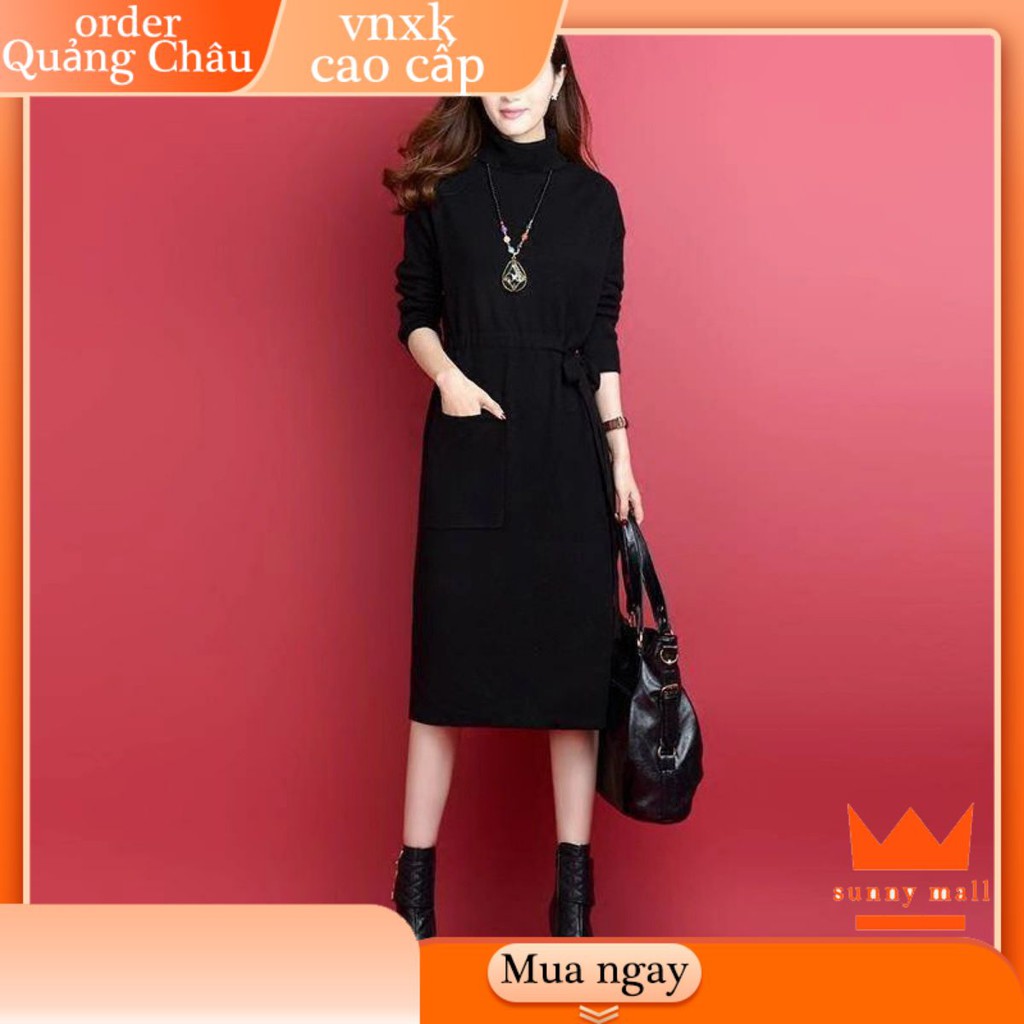Đầm váy vải dạ mùa đông bigsize len cổ cao thắt eo xanh quân đội đen giá rẻ đẹp