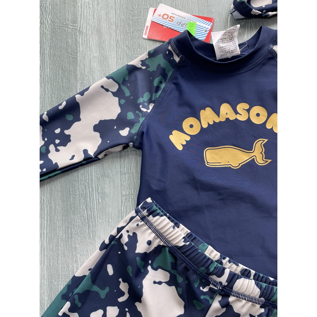 Bộ bơi bé trai dài tay xanh than rằn ri, hình cá voi, quần cộc rời, Momasong Korea