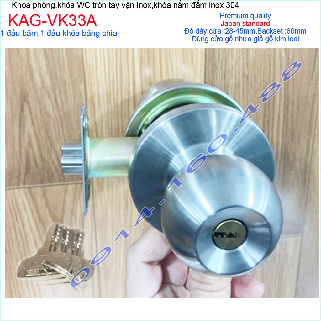 Khóa cửa phòng cao cấp KAG-VK33A 1 đầu chốt 1 đầu chìa, khóa tay nắm tròn phòng ngủ an toàn giá tốt chất lượng cao