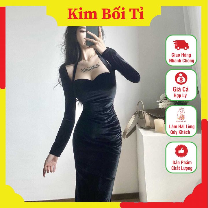 Váy 2 Dây Body Đen, Xẻ Tà Gợi Cảm, Tặng Kèm Áo Khoác Kiểu - KBT000020