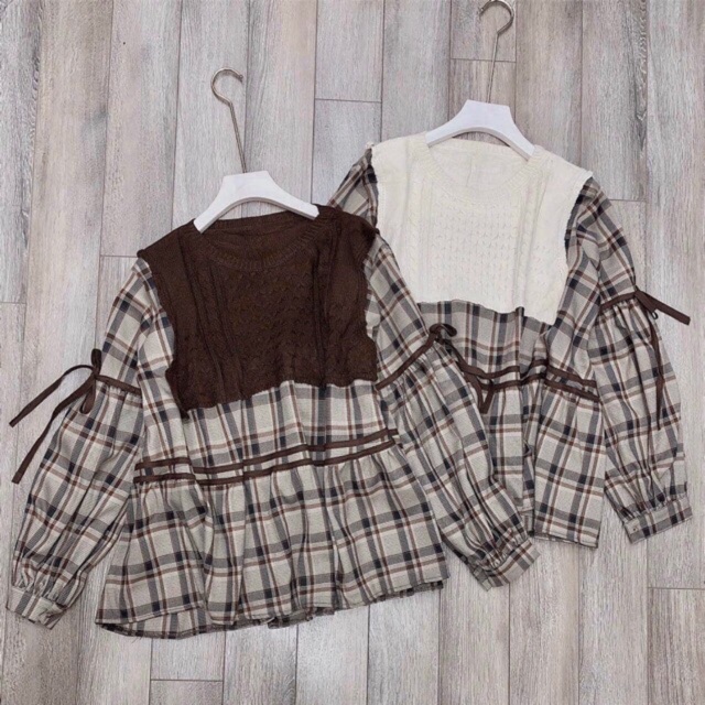 Áo babydoll kẻ nâu pha len trào lưu hot 2020 | BigBuy360 - bigbuy360.vn