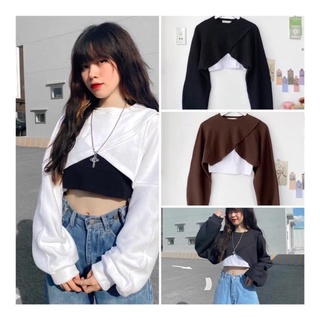 Áo croptop tay dài form rộng nữ ullzang, set áo croptop 2 món đắp chéo unisex