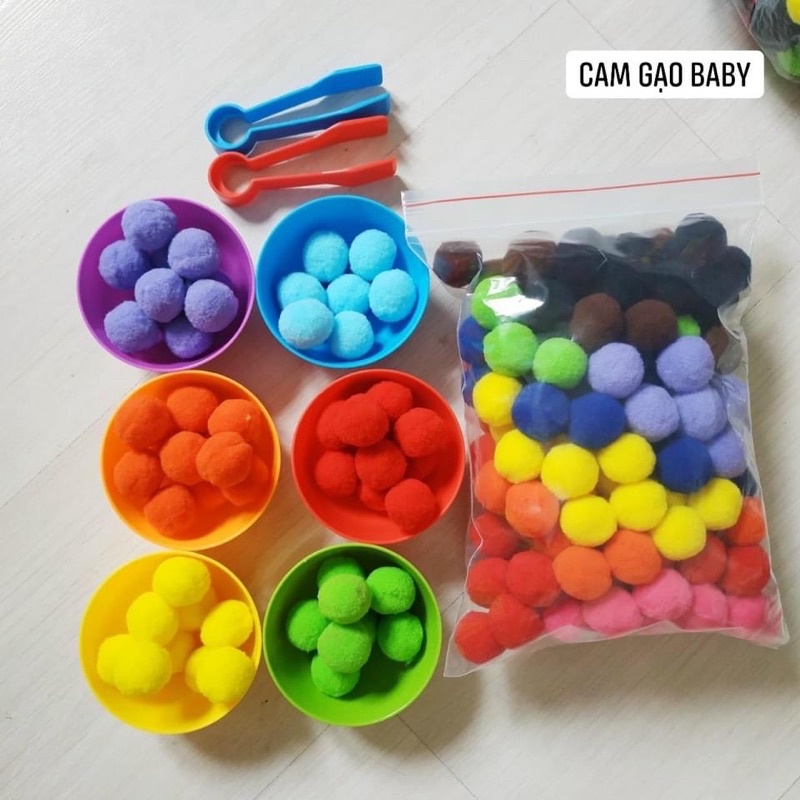 SET 6 bát kèm 150 hạt pompom 2,5cm (tặng kèm 2 kẹp)- bé học màu sắc, số lượng!