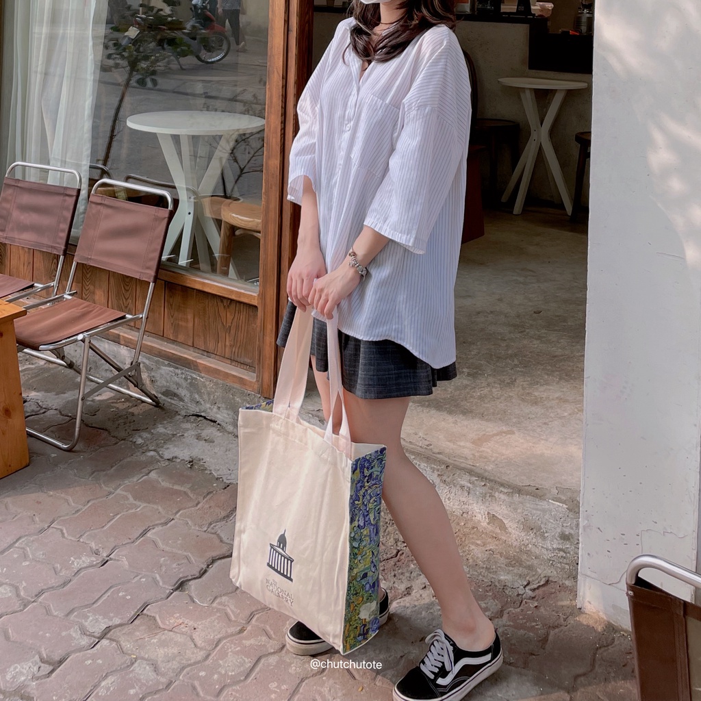 T271/Túi vải túi tote thời trang form vuông kiểu dáng vintage có khoá cúc bấm tiện lợi