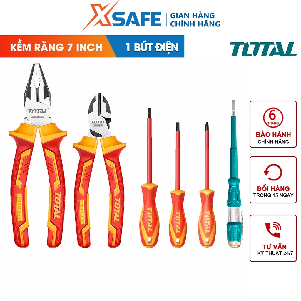 Bộ 6 công cụ cầm tay cách điện 1000V TOTAL THKIST3062 gồm 3 tua vít, 1 kềm răng, 1 kềm cắt cách điện và 1 bút thử điện