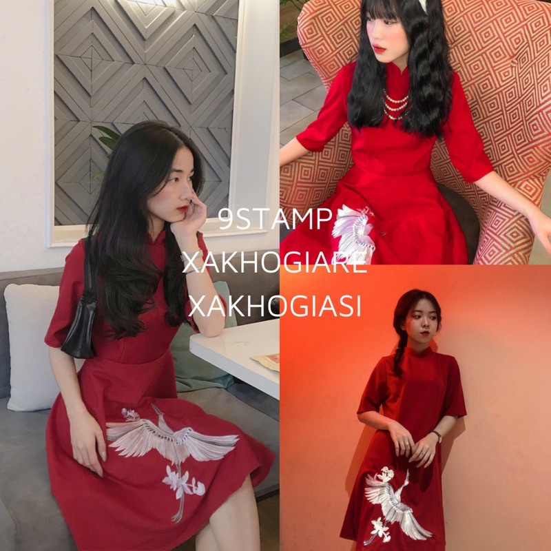 [Mã WASTMAY giảm 15% tối đa 30K đơn 150K] (SĂN-CLIP THẬT) Đầm đỏ tết thêu hạc